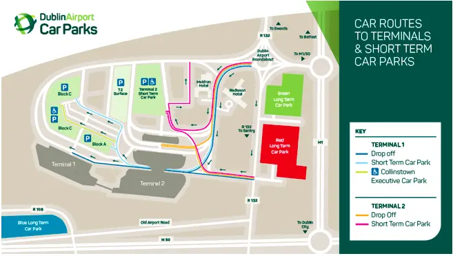 Mapa de acceso en coche a las diferentes terminales y al parking de corta estancia.